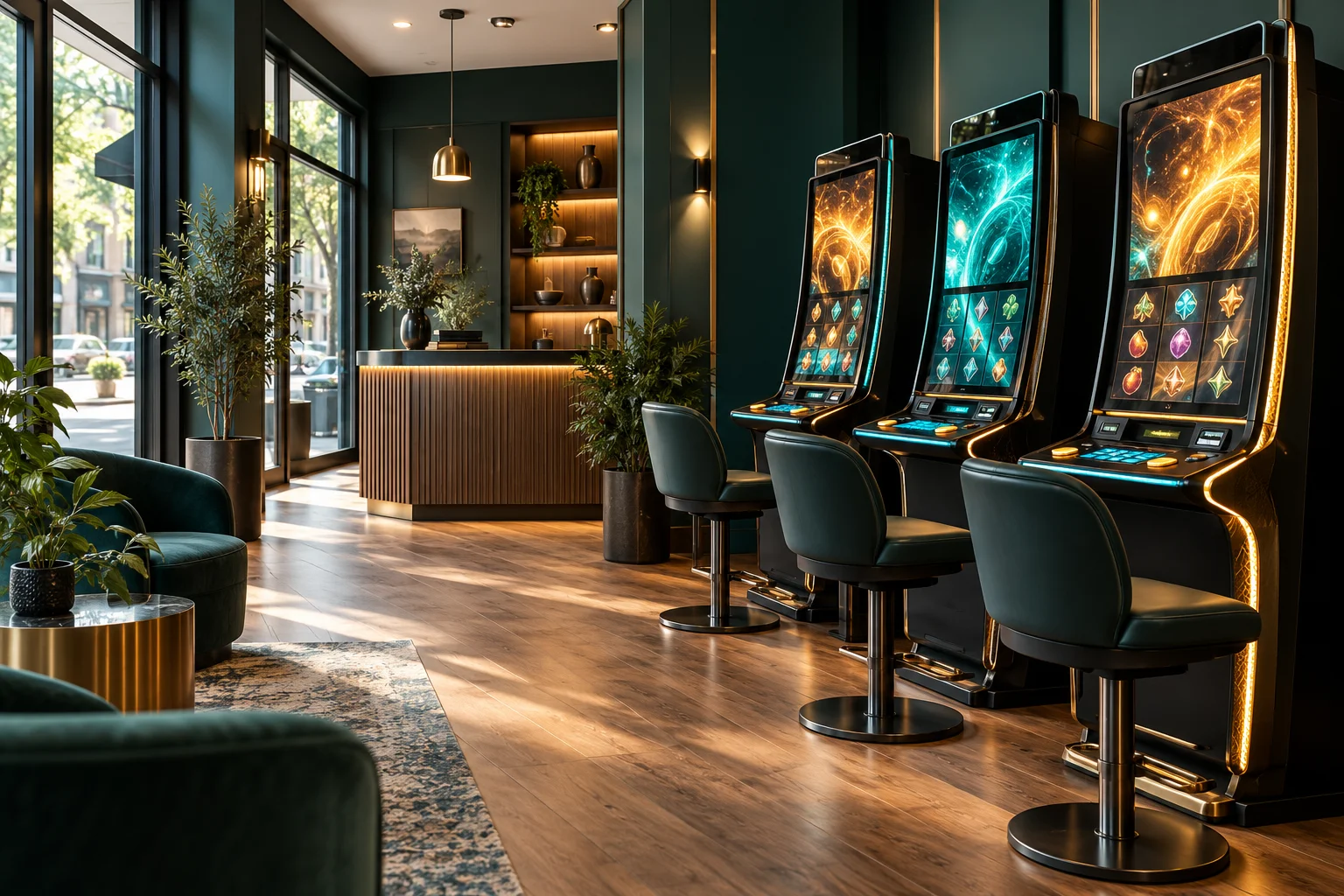 Illustrative gaming store interior with illuminated machines and a welcoming store layout