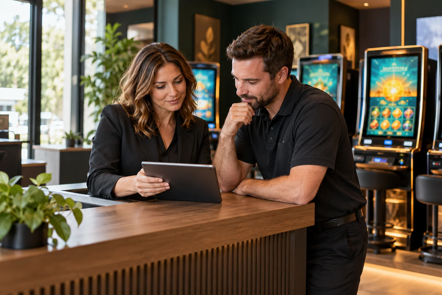 Illustrative store manager and field employee reviewing a tablet together beside gaming machines